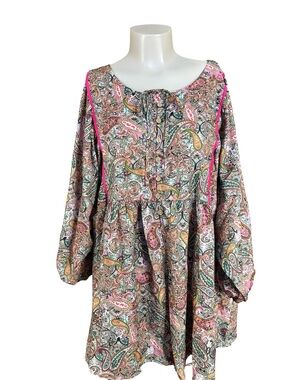 Paisley Scoop-Neck Romper with Pink Trim